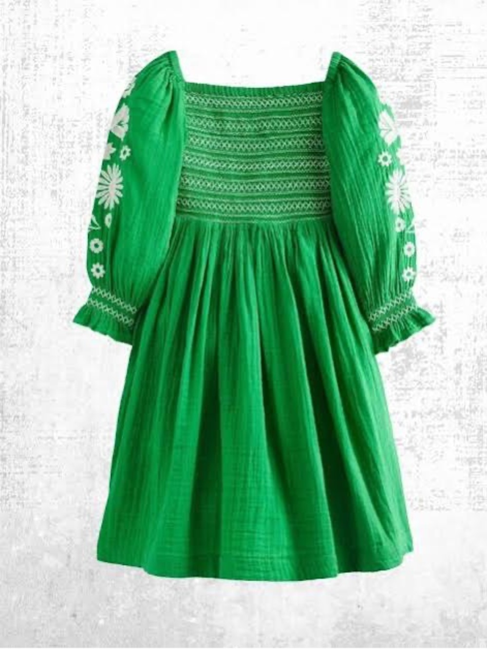 Mini Boden Girls Green Smocked Embroidered Cotton Cottagecore Boho Dress 7-8Y